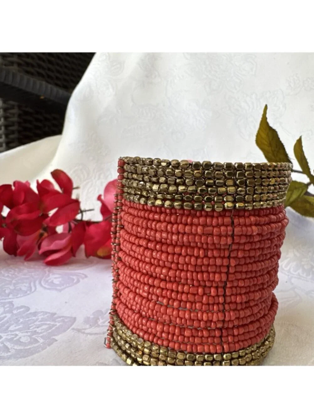 Chico's Bracelet Orange Seed Bead Goldtone Wide Cuff Bangle 3